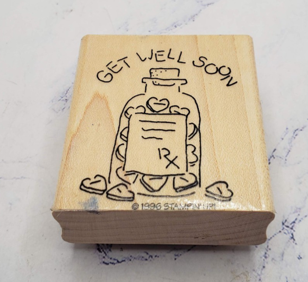 Stampin Up! Get Well Soon Hearts Pill Bottle Wood Mounted Rubber Stamp